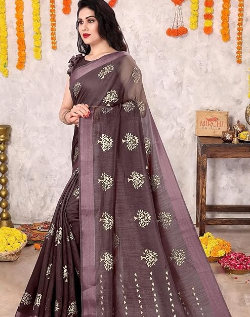 MIRCHI FASHION Women's Cotton Blend Mix 2-Tone Foil Printed Saree with Blouse Piece